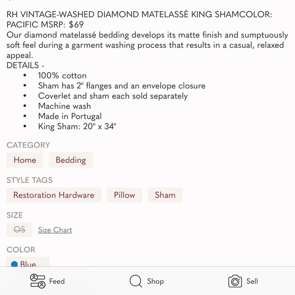 RESTORATION HARDWARE KING PILLOW SHAM PACIFIC - Picture 11 of 11